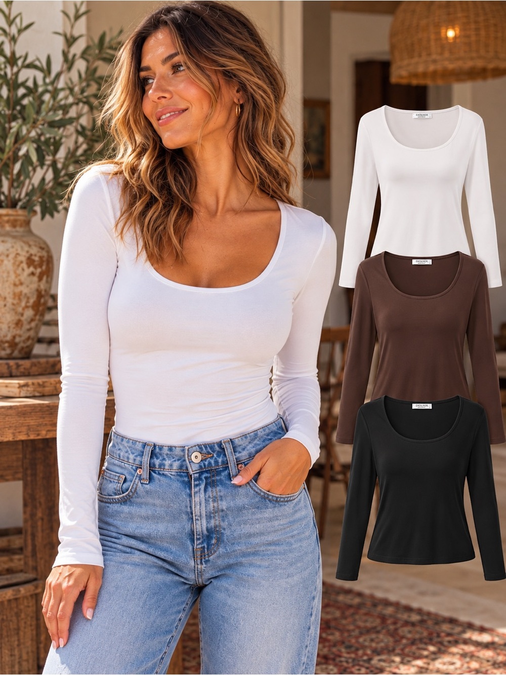 Ekouaer 3-Pack Long Sleeve Scoop Neck Fitted Tops Large Neutral Basics